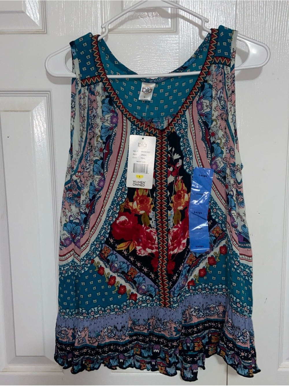 Bila Teal Floral Boho Sleeveless Blouse